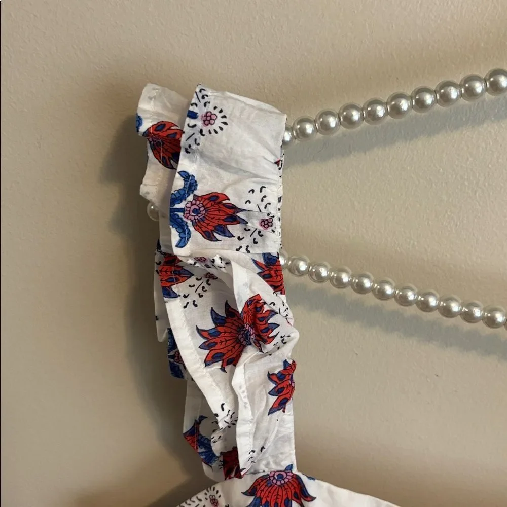 J Crew Factory Square Neck Midi Dress 10 White Red Blue Floral Print Ruffle